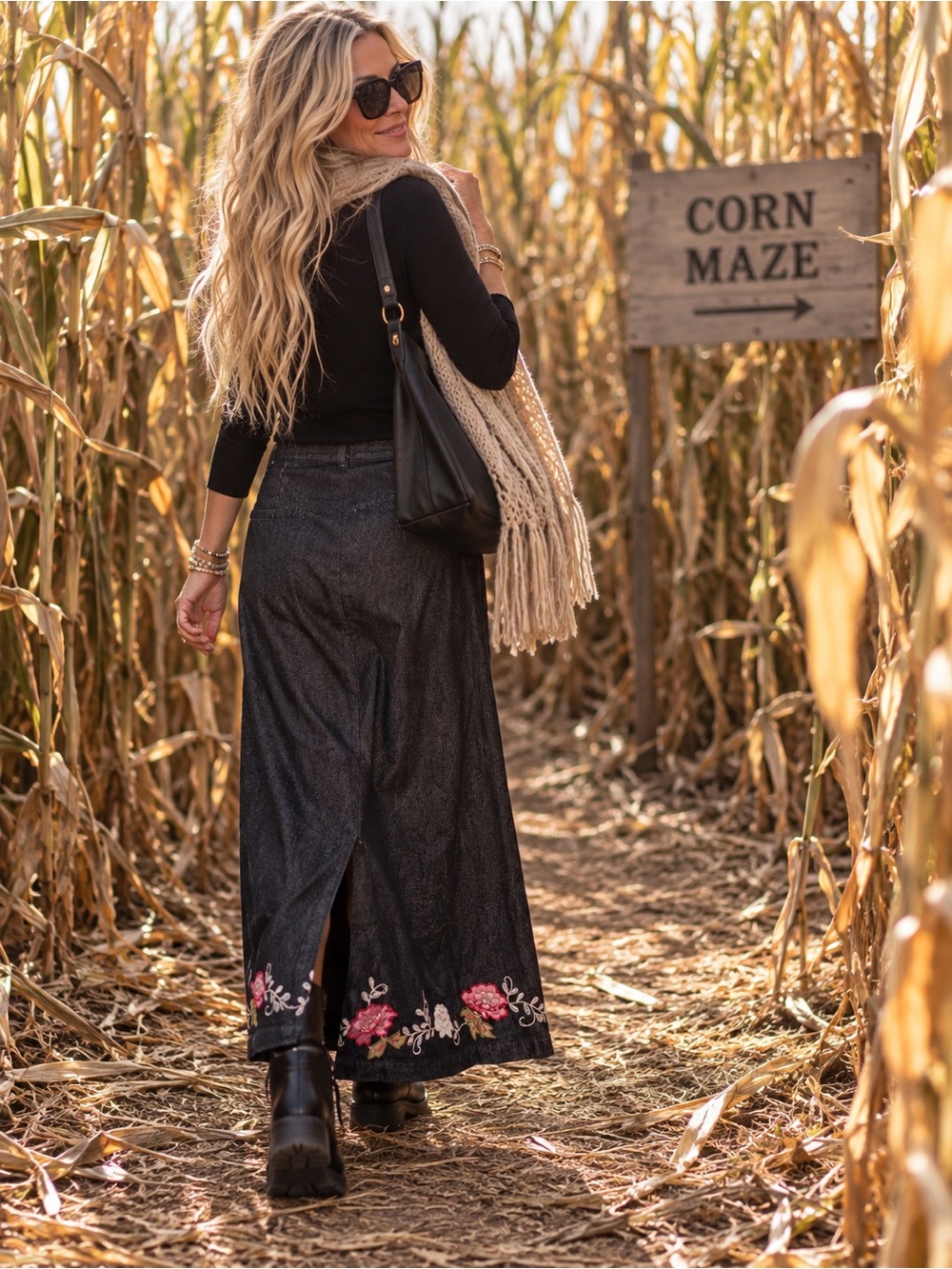 F32. Denim & Co. | Black Cotton Floral Embroidered Maxi Skirt 15-17/37